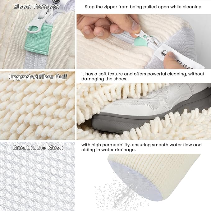 2Pcs Shoe Washing Machine Bag, Sneaker Laundry Bag for Washing Machine, Extra Long and Thick Microfibre Fluff, Reusable for Washer and Dryer (2pcs, Cream white)