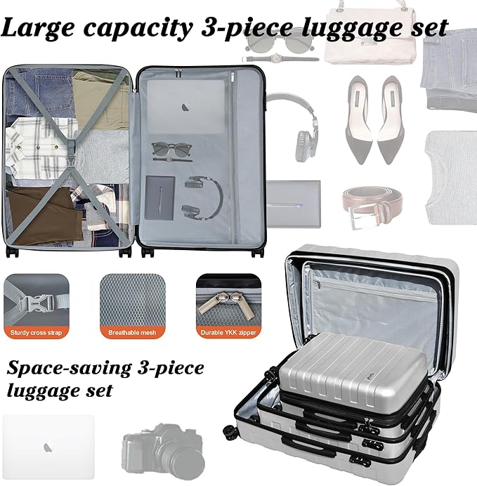 Zebra Luggage Sets 3 Piece, 20" Carry On Luggage with Spinner Wheels, Hardside Business Travel Suitcase Set with TSA Lock, Lightweight Suitcase,20/24/28 inch,Silver