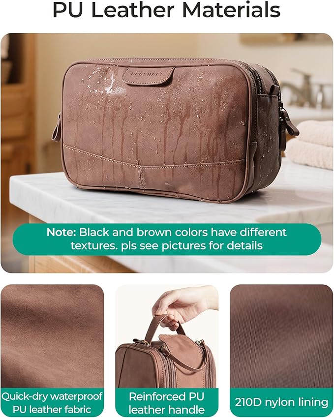 BAGSMART LargeToiletry Bag for Men, Soft Matte PU Leather Travel Bag for Toiletries, Dopp Kit Water Resistant Shaving Bag for Bathroom Shower-Light Brown