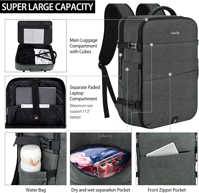 Lubardy Travel Backpack for Men Women 17 Inch Flight Approved Carry on Backpack Waterproof Large 40L Luggage Daypack Business College Weekender Overnight Laptop Backpack with 3 Packing Cubes, Grey