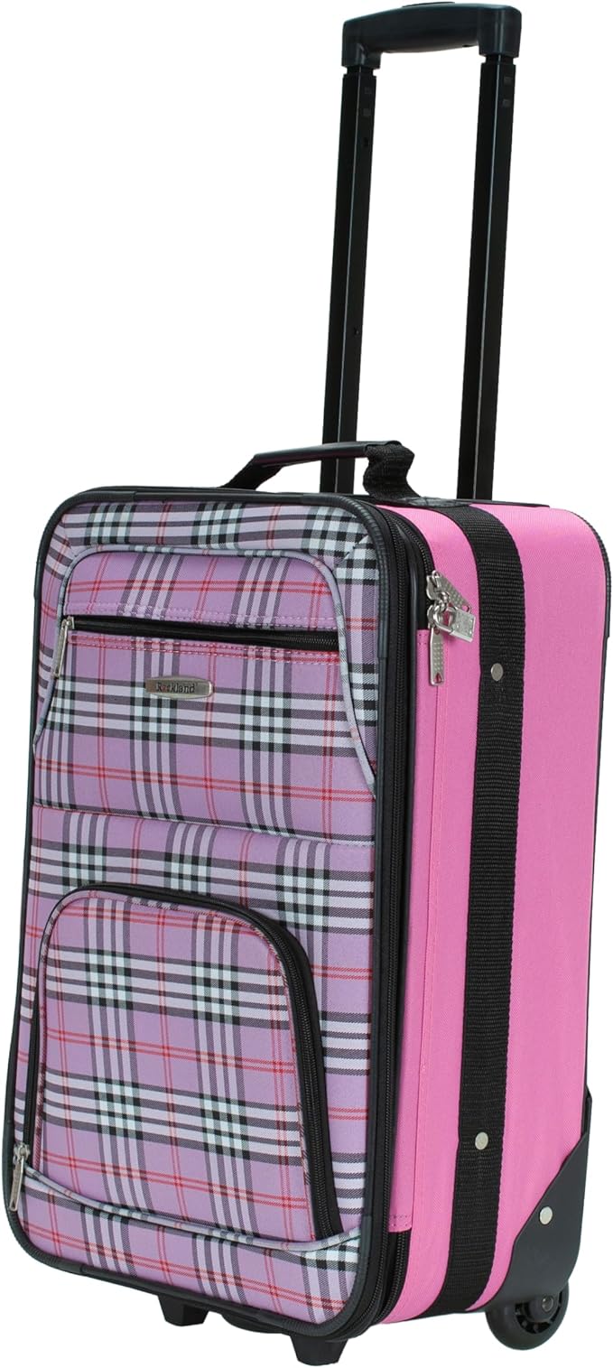 Rockland Fashion Softside Upright Luggage Set,Expandable,Lightweight,Telescopic Handle,Wheel, Pink Cross, 2-Piece Set (14/19)