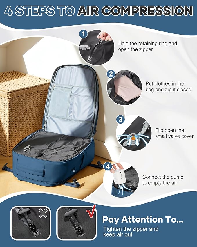 Vacuum Travel Backpack with Pump for Women,Personal Item Carry on Backpacks Flight Approved 18x14x8 inches for Men,Laptop Waterproof Work Compression bags Casual Daypack. Blue.