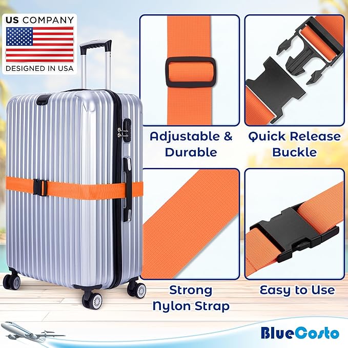 Luggage Straps for Suitcases - TSA Approved - Multicolored, 4 PK - Premium Nylon Belts for Suitcase, Briefcase & Travel Bag - Adjustable Strap Length 46" - 78"