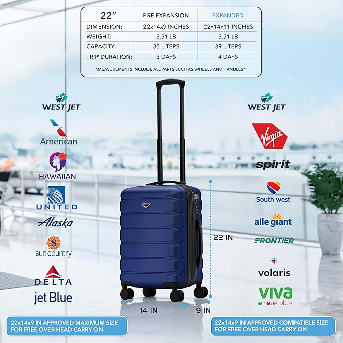 Flight Knight 22x14x9" Expandable Carry On Suitcase Hardside TSA Lock USB C Port Lightweight Luggage Silent Double Spinner Wheels Maximum Overhead Carry-On Bag For American & United Approved Airlines