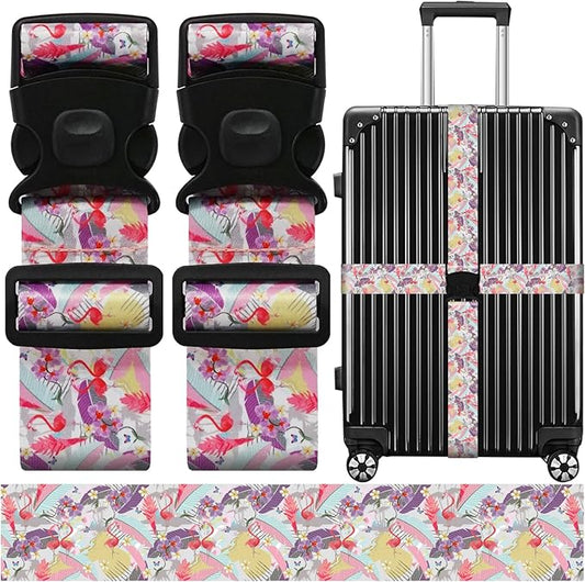 Luggage Straps for Suitcases, Travel Adjustable Belt with Quick Release Buckle, Heavy Duty Nylon Bag Packing Strap, Unique Bright Identifiers Business Travel Accessories (2 Pack) - Flamingo