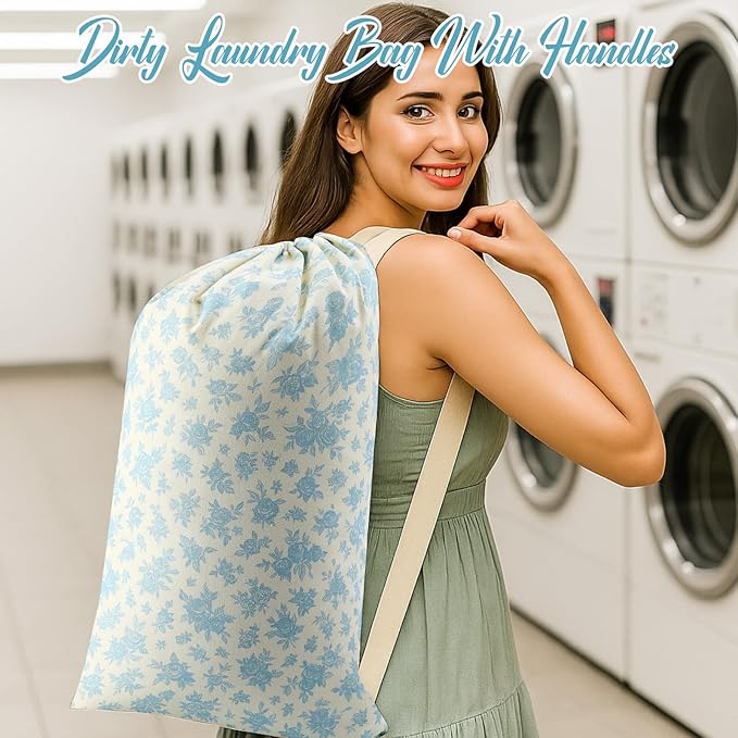 SATINIOR 2 Pcs Floral Laundry Bags 29" x 18" Pink Blue Canvas Travel Laundry Bags with Drawstring Shoulder Straps Washable Dirty Clothes Hamper Organizer for College Dorm Laundromat Apartment Camping