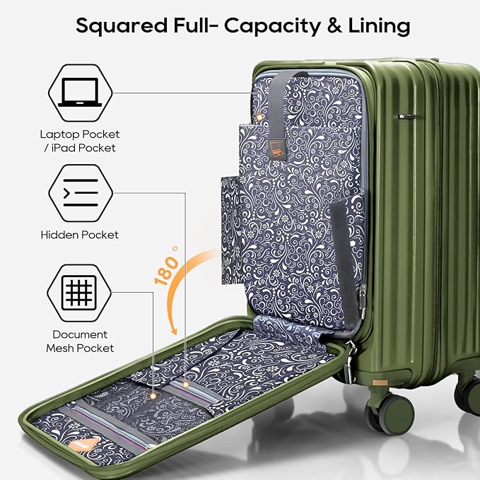 Joyway Luggage Sets 5 Piece with Front Pocket, Expandable Top Opening Suitcase Set, PC Hardside Carry on Suitcase with Spinner Wheels and TSA Lock (Dark Green)