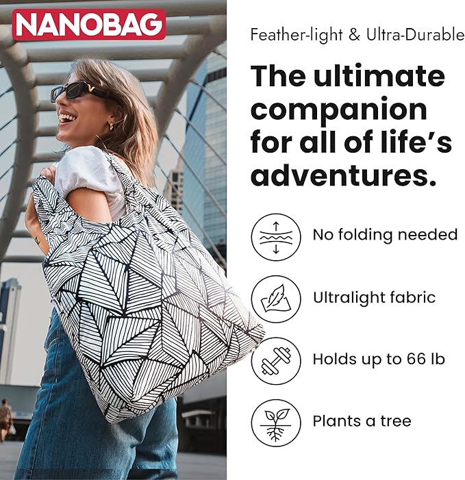 Nanobag Ultralight Foldable Tote for Women & Men, Reusable Grocery & Travel Bag, Packable Collapsible Compact Market Essential (Standard Black)