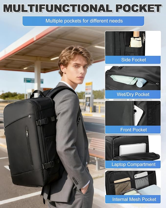 VGCUB Vacuum Backpack Travel with Suit Bag and Air Pump Compression Vacpack Carry on Flight Approved Daypack Laptop Space Saver Garment Bags for Travel Storage with Vacuum System Women Men Black