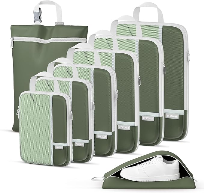 Percover Compression Packing Cubes 8-Piece Set, Packing Cubes Compression for Travel with Laundry Bag & Shoe Bag, Travel Organizer for Carry On & Checked Luggage, Green