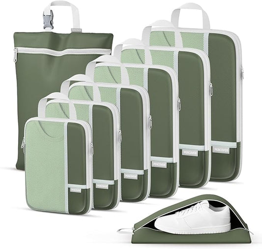 Percover Compression Packing Cubes 8-Piece Set, Packing Cubes Compression for Travel with Laundry Bag & Shoe Bag, Travel Organizer for Carry On & Checked Luggage, Green