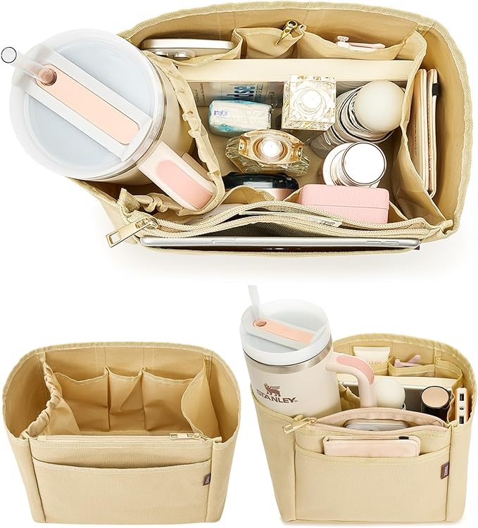TOVICE Tote Bag Organizer Insert with Stanley Cup Holder and Zipper Bag, Compatible with Neverfull, Saint Louis and More, 9 Pockets (Beige, Medium)