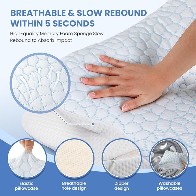 JINXIA Cervical Neck Pillow for Neck and Shoulder, Odorless Memory Foam Pillow with Soft Silk Cover, Ergonomic Orthopedic Neck Support Pillow for Side, Back & Stomach Sleepers - White