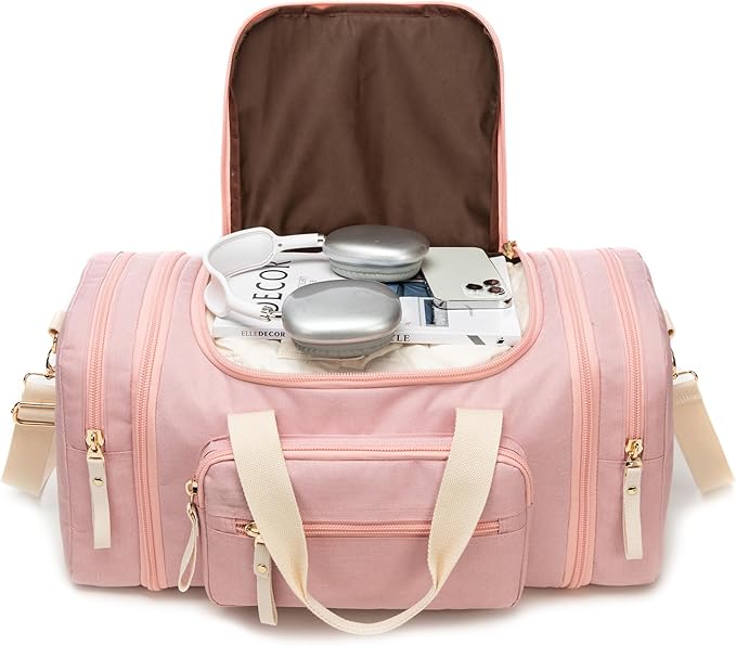 Duffle Bag for Travel (Pink) 20–23” Expandable (40L) – Lightweight Water-Resistant Carry On Weekender with Multiple Pockets & Shoulder Strap – Airline Approved Travel Duffel Bags for Men & Women