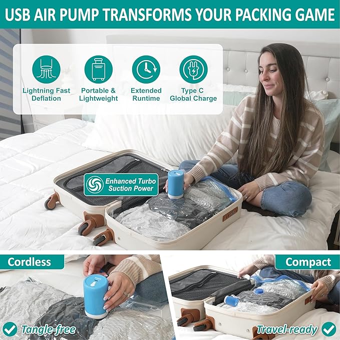 Cozy Essential Travel Vacuum Storage Bags with Rechargeable Cordless USB Pump, Space Saver Bags for Luggage, Suitcase, Carry-On, for Clothes, Blankets, Bedding & Seasonal Storage,30 Combo