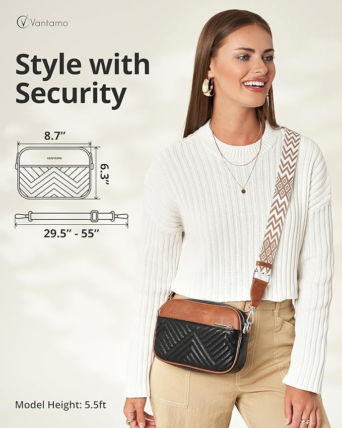 Vantamo Premium Quilted Crossbody Bags for Women with Anti-Pickpocket Clip, Vegan Leather Handbags, Travel Purses for Women