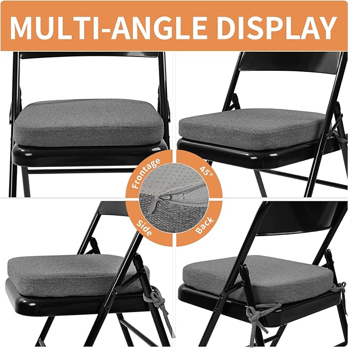 SINOSSO Memory Foam Chair Cushions for Folding Chairs 6 Pack, Thickened 2" Square Pads with Ties for Kitchen Chairs, Indoor Non-Slip Dining Chair Seat Cushions (6 Pcs, Dark Gray)