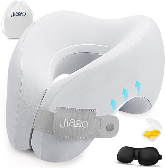 jiaao Memory Foam Neck Pillow for Travel & Airplanes, Adjustable Travel Pillow for Long Flights & Road Trips, Includes Eye Mask, Earplugs & Bag(Gray)