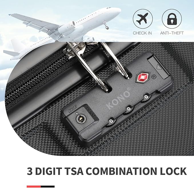 Kono Carry On Luggage Set Airline Approved Lightweight PC+ABS Carry On Suitcase with TSA Lock Spinner Wheels Durable Luggage Hardside Black