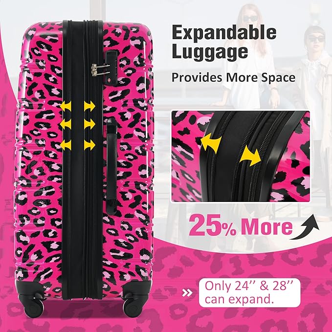 Merax Luggage Sets 3 Piece, Hardside Expandable Suitcase Set with Spinner Wheels, Lightweight Leopard 20+24+28 IN Suitcase with Carry on Luggage, Leopard Hot Pink