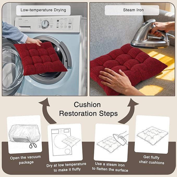 OVOV 4 Pack Chair Cushions for Dining Chairs Soft Seat Cushions for Kitchen Desk Chairs Square Chair Pads with Ties (15.5"x15.5" Deep Crimson)