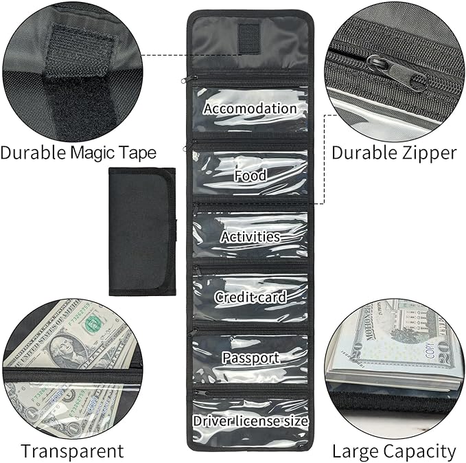 VOCHIC Money Wallet, Money Organizer for Cash with 6 Zippered Pocket Multipack Money Pouch, Cash Bill Organizer, Money Bag Small Travel Money Holder for Budgeting, Receipt and Tips