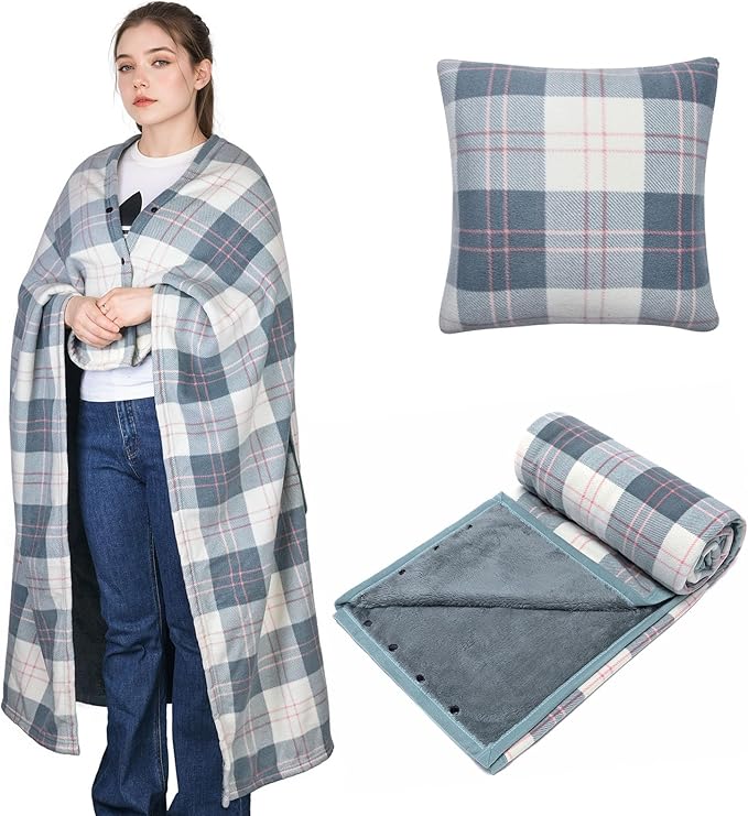 forestfish Wearable Blanket Compact Pillow 2-in-1, Lap Blanket Poncho with Button Plaid Throw Cushion for Home Office Sofa