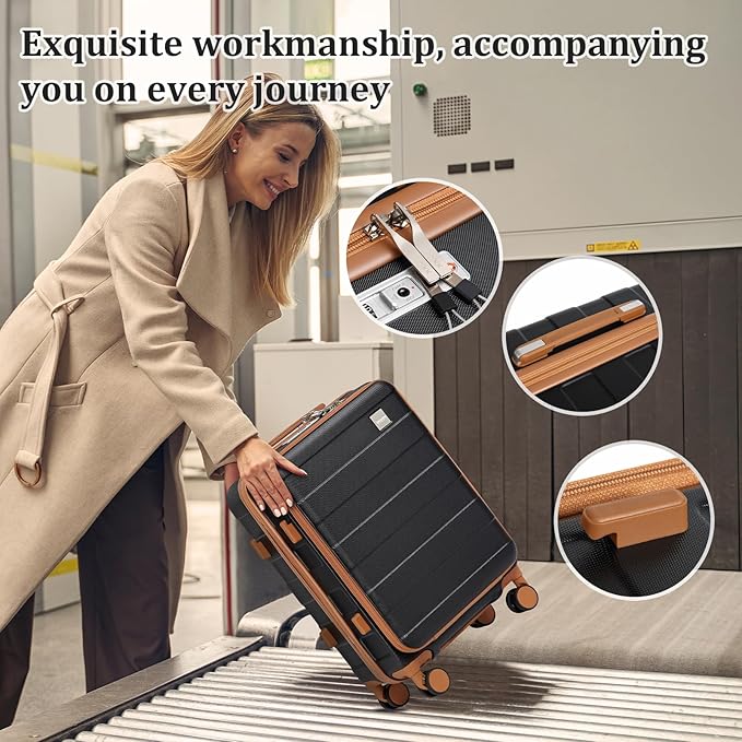 imiomo Carry on Luggage Airline Approved with Front Pocket and USB Port, Hard Shell 20 Inch Travel Carry-on Suitcase with Spinner Wheels and TSA Lock, Black Brown