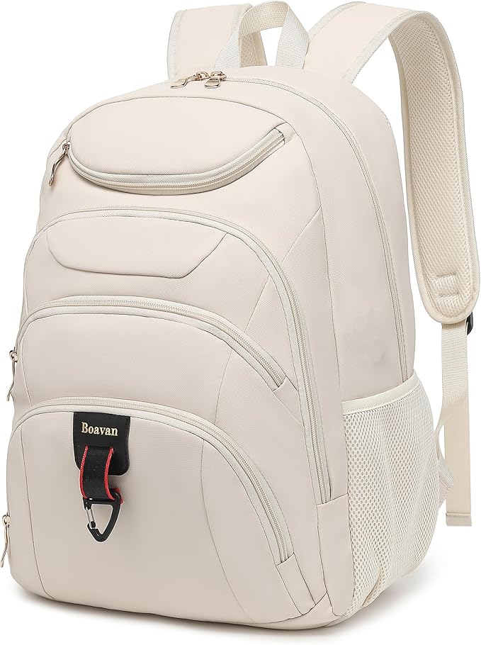 Boavan Laptop Backpack for women,15.6 inch Laptop Bag with USB Port, Waterproof Travel Work Backpack Purse, Anti-Theft Teacher Nurse Doctor Casual Bookbags Office Business backpack，Cream Beige