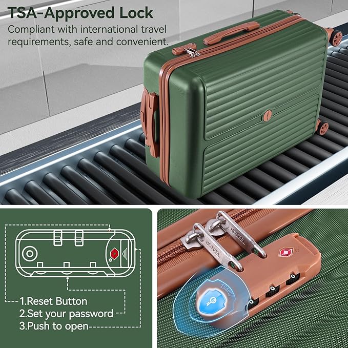 Hoteel Luggage Sets 3 Piece ABS+PC Hardside, 4-Year Warranty, Luggage Set with Spinner Wheels, TSA Lock, Lightweight Carry on Luggage, 20" Suitcase with Duffel & Organizer, Dark Green