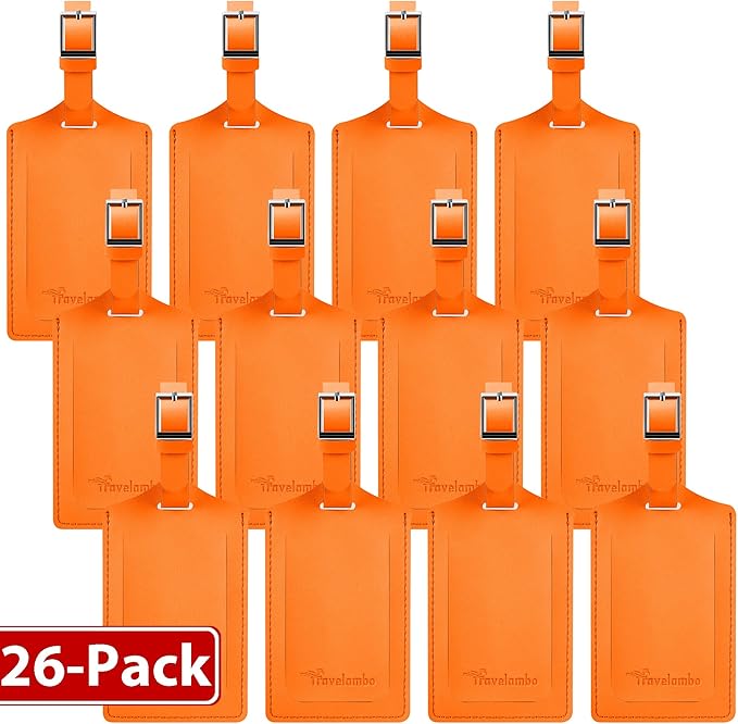 Travelambo 26 Pack Luggage Tags for Suitcases Privacy Protection Bag Tags Faux Leather Travel Accessories Essential, Hot Orange