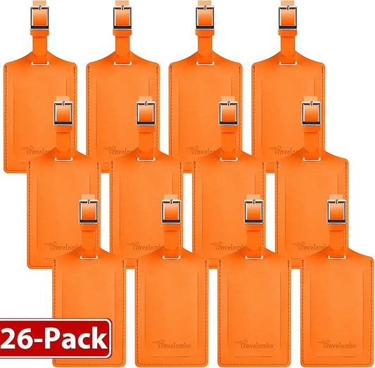 Travelambo 26 Pack Luggage Tags for Suitcases Privacy Protection Bag Tags Faux Leather Travel Accessories Essential, Hot Orange