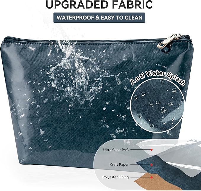 WLLWOO PVC Waterproof Makeup Bag Kraft Paper Cosmetic Bag Travel Toiletry Zipper Pouch Organizer for Women Purse