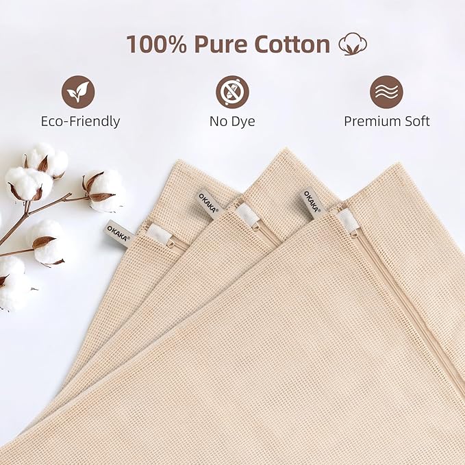 100% Pure Cotton Mesh Laundry Bags, Premium Soft, No Dye, Natual,Set of 3(XXL)