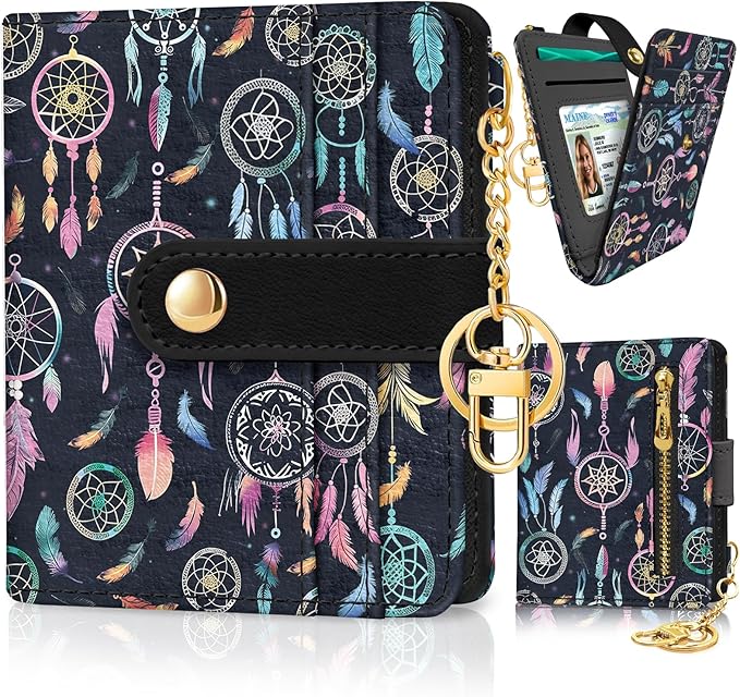 Jogjam Colorful Dream Catchers with Feathers Rfid Ladies Wallet, Small Credit Card Women Wallet, Boho Traditional Circular Net PU Leather Bifold Cash Zipper Coin Pocket for Female Blessing