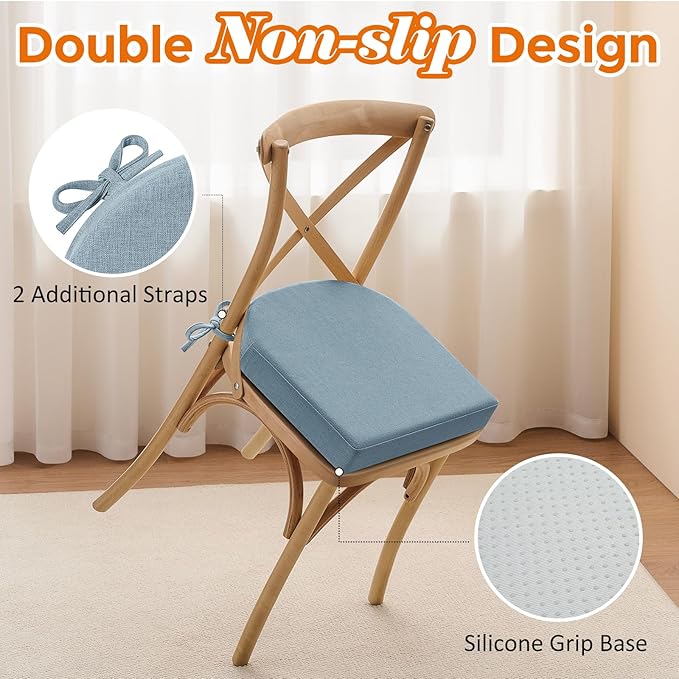 downluxe Chair Cushions for Dining Chairs, Memory Foam Linen Kitchen Chair Pads with Ties, Waterproof, Stain-Resistant and Washable Cover, 17" x 16" x 2.5", Light Blue, 2 Pack