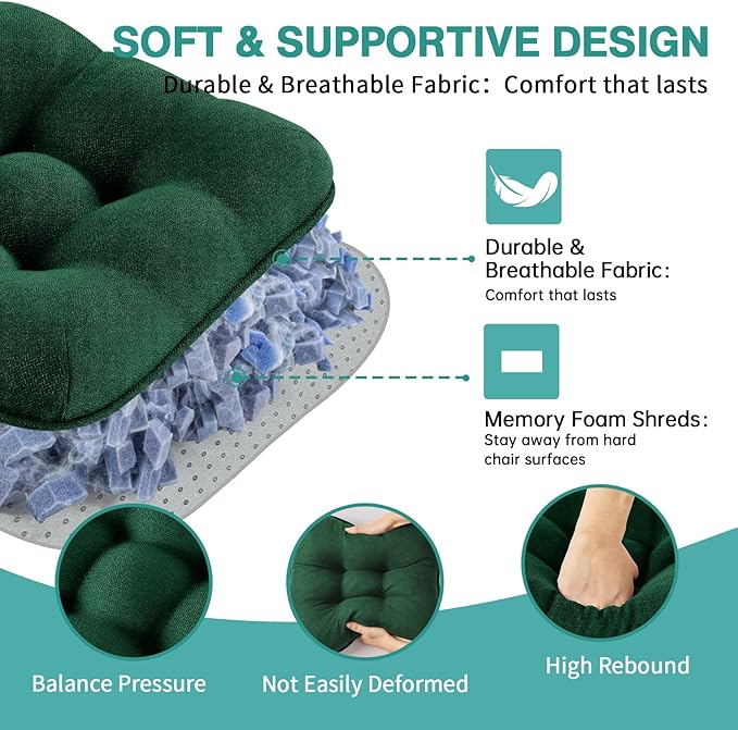BETU Chair Cushions for Dining Chairs Set of 4,3.5" Thick Kitchen Table Chair Pads with Ties,Non Slip Backing and Covers, Seat Cushion for Dining Room,Bar,Patio Chairs,16"X16"X3.5",Dark Green