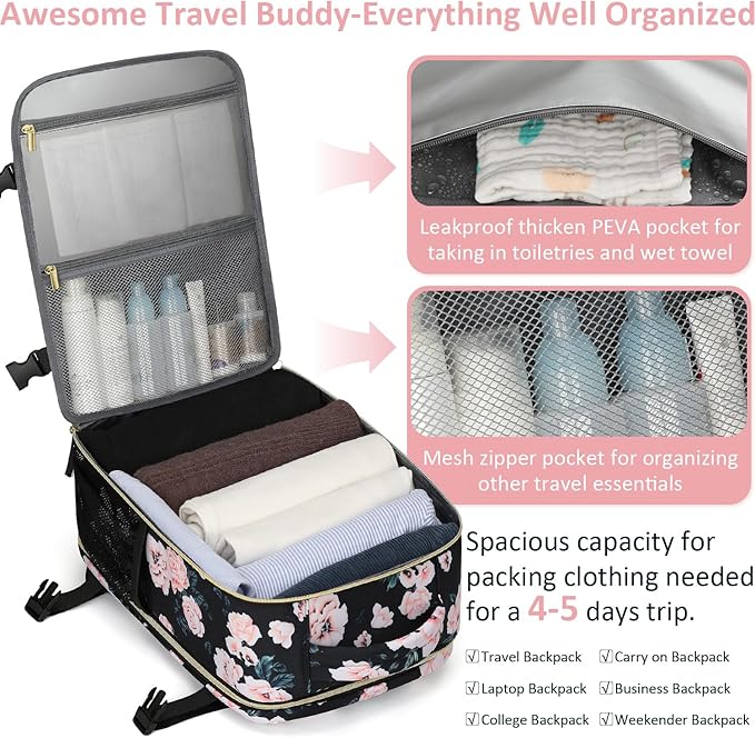Carry on Backpack for Women TSA Approved 15.6 Inch Travel Laptop Backpack for Women Travel Essentials Foldable Womens Travel Backpack Suitcase Pink Floral