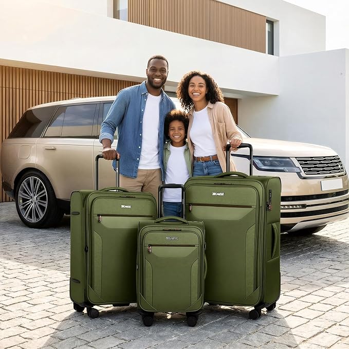 3PCS Set Softside Luggage Sets w/ Spinner Wheels,Expandable 20% Suitcase Upright Spinner Softshell w/TSA LOCK, Lightweight Durable Rolling Travel Luggage Set for Men/Women（Green,22in/28in/32in）