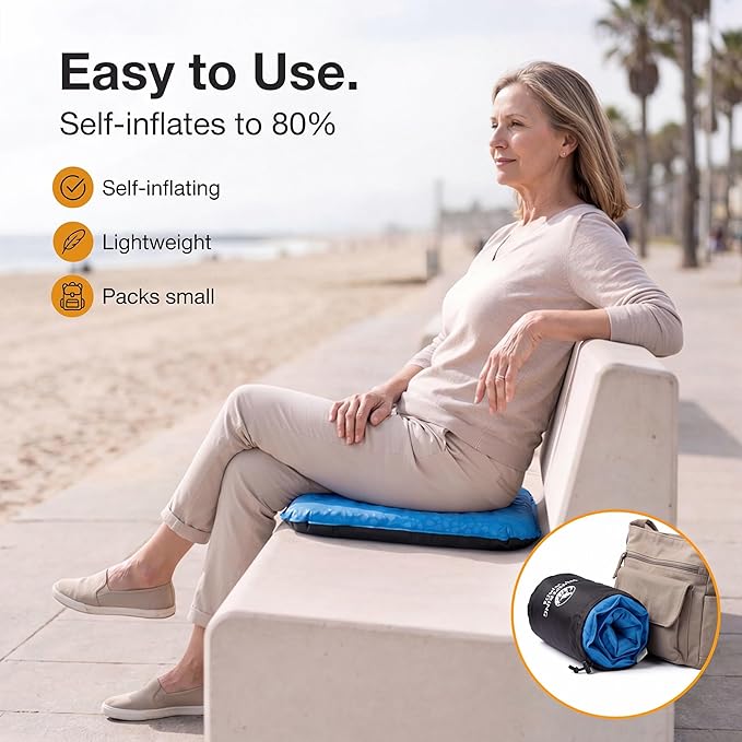 Whispering Winds Inflatable Seat Cushion - Comfortable Blow-up Foam Pad for Airplane, Travel, Stadium, Outdoors, Camping, Car & More