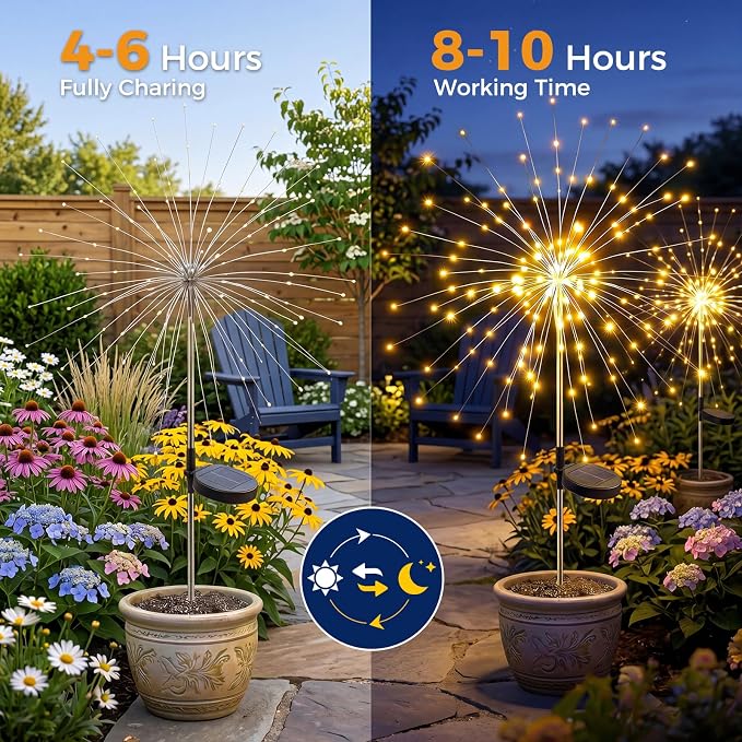 btfarm 10 Pack Solar Garden Lights Outdoor, 8 Modes Firework Lights Outside | 120LED, Waterproof Fairy Twinkle Light Solar Powered for Yard Christmas Pathway Lawn Pool Patio Decorative, Warm White