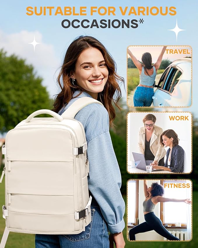 coofay Beige Travel Backpack For Women Men Airline Approved Personal Item Carry On Flight Approved Waterproof Backpack For Traveling On Airplane Weekender Travel Bag