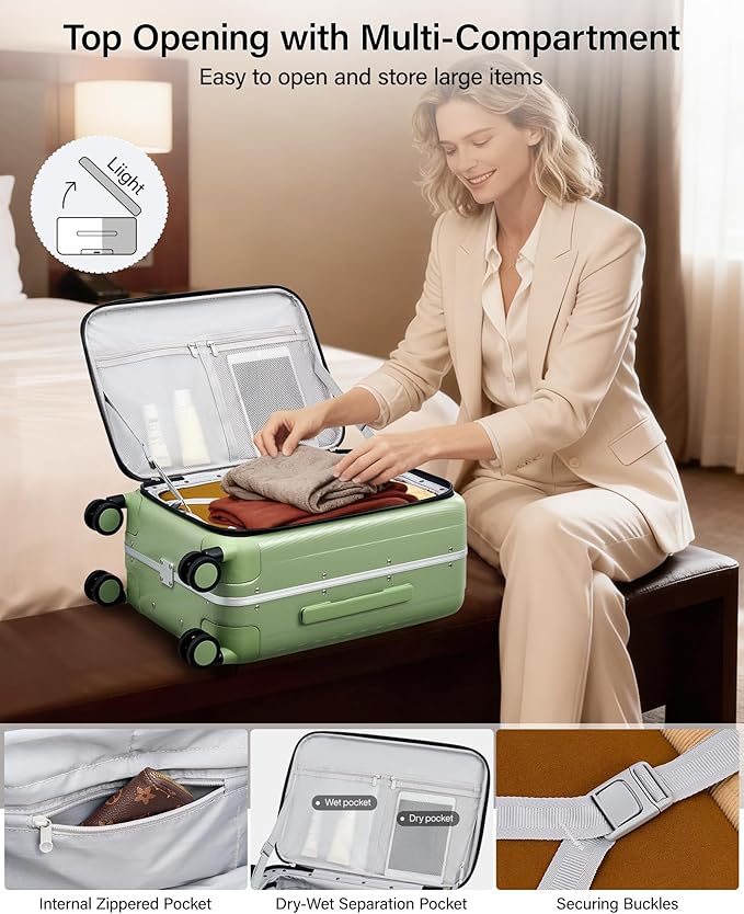 Hanke 26 Inch Large checked Luggage PC Hard Shell luggage Top Opening Aluminum Frame Travel Luggage Suitcases with Wheels for Woman Men.(Bamboo Green)