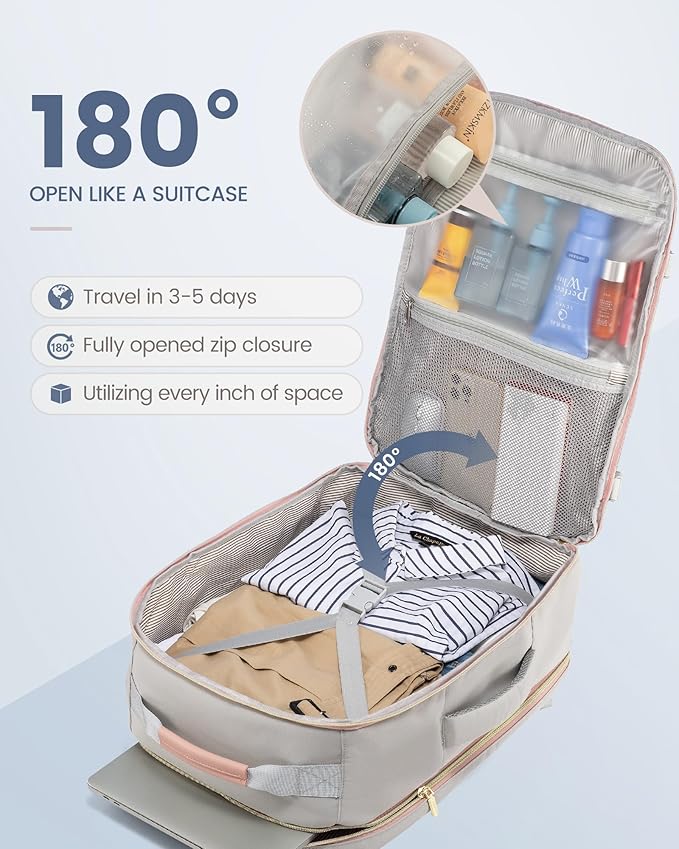 LOVEVOOK Travel Backpack for Women & Men 50L,Airline Approved Carry On Backpack Travel Essentials,TSA Carry on Luggage,Waterproof Personal Item Travel Bag,Suitcase with 3 Packing Cubes,Light gray-Pink