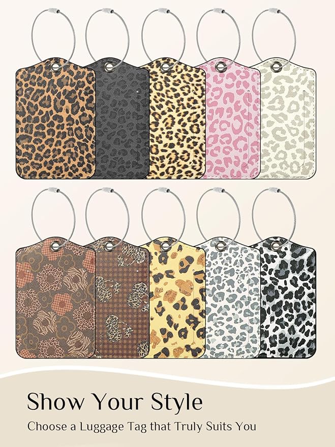 Seorsok 2 PCS Luggage Travel Tags for Suitcases,Cute Gold Leopard PU Leather Name Tag with Privacy Cover&ID Label Address Card and Durable Metal Ring Suitable for Men Women Handbags Backpack,Golden