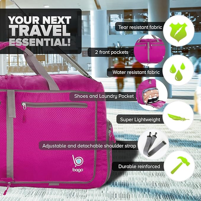Bago Large Duffle Bag for Travel Women & Men. Durable Lightweight Foldable Travel Duffel Bags For Traveling Women. 80L Duffle Bags For Overnight Bag With Shoe Compartment Collapsible Weekender duffel