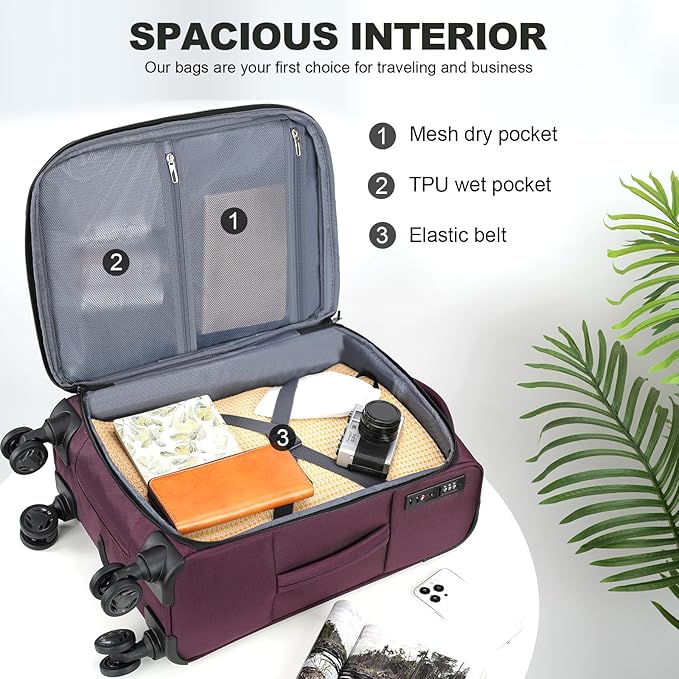 KROSER Softside Expandable Carry On Luggage with Front Business Pockets，20 Inch Suitcases with Spinner Wheels & Built-in TSA Lock, Durable Suitcase Rolling Luggage with USB Port, Burgundy