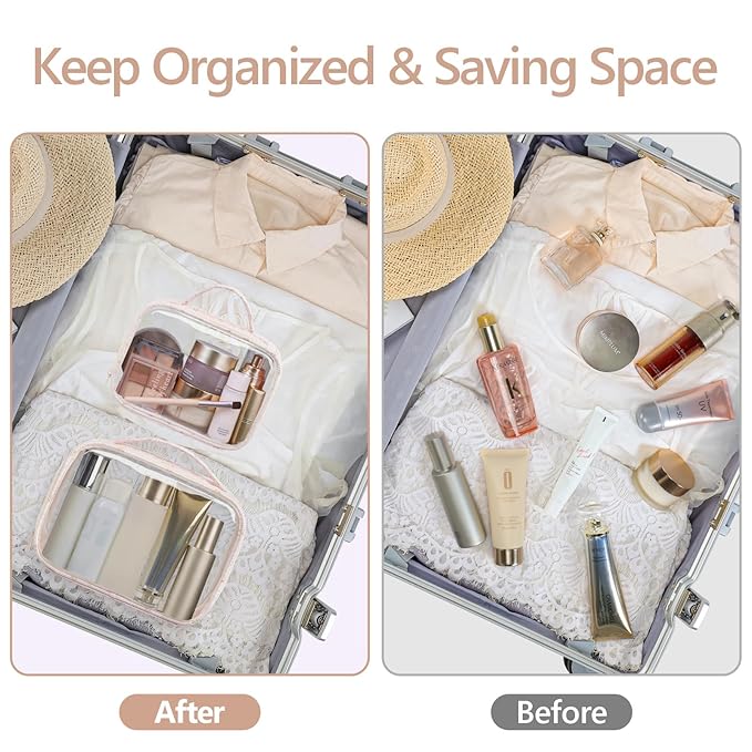 PACKISM Stylish TSA Approved Toiletry Bag Set, Flora, Clear Makeup Bag with Handle, 1 TSA Medium & 1 Large for Travel, Gift for Women, Pink Ditsy Floral