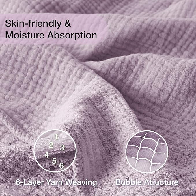 100% Cotton Muslin Blanket California King 120" x 90", 6 Layers Breathable and Lightweight Oversized Blankets for Bed, Soft Cooling Gauze Blanket for Adults All Season, Lavender