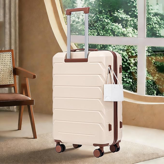 28 Inch Checked-Large Luggage, Lightweight ABS Hard Shell Suitcase with Spinner Wheels, Expandable Travel Luggage with Combination Lock & Side Hooks for Men Women (Beige, 28)